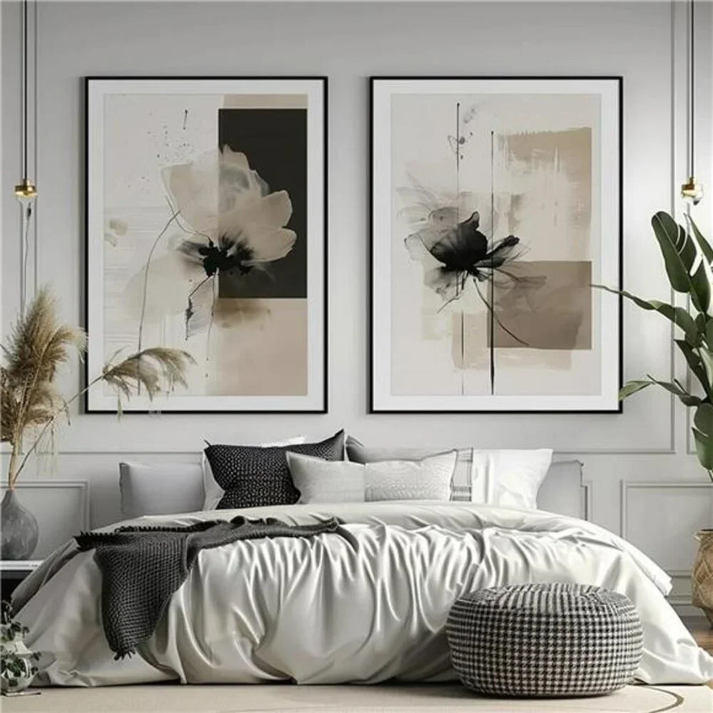 Modern abstract floral wall art neutral beige black canvas prints set of 2 decor